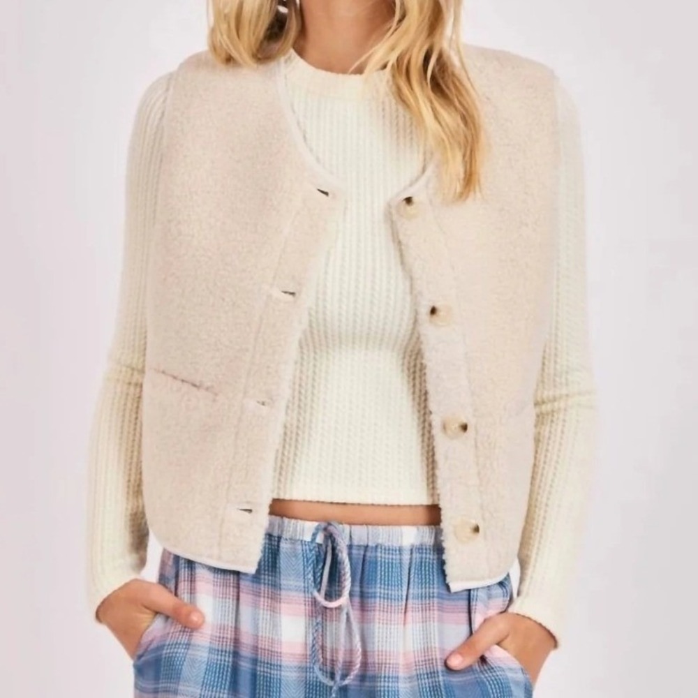 NWT Sadie & Sage Etta Faux Shearling Bonded Suede Vest Ivory Large